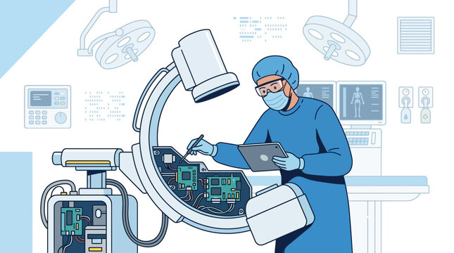 Medical Imaging Technology Repair: Surgeon Fixing C-Arm Machine