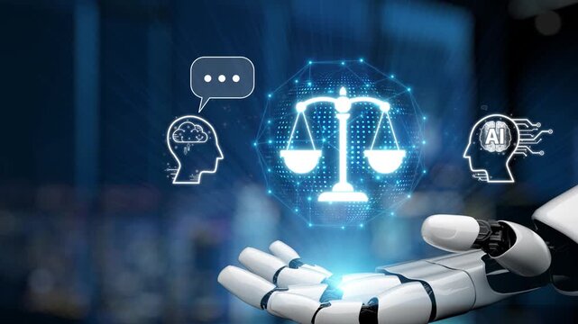 Futuristic Concept of Artificial Intelligence and Ethics with Scales of Justice, Human Brain, and Robot Hand Representing Technology and Law Synapse.
