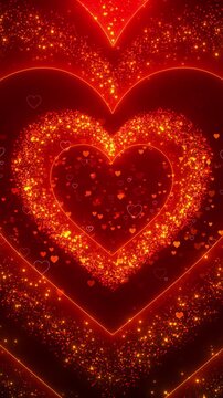Glowing red Valentine heart background golden dust, heart shapes, bright romantic particles. couple wedding slideshows, love promos, greeting cards, invitation titles, and festive celebration loops.