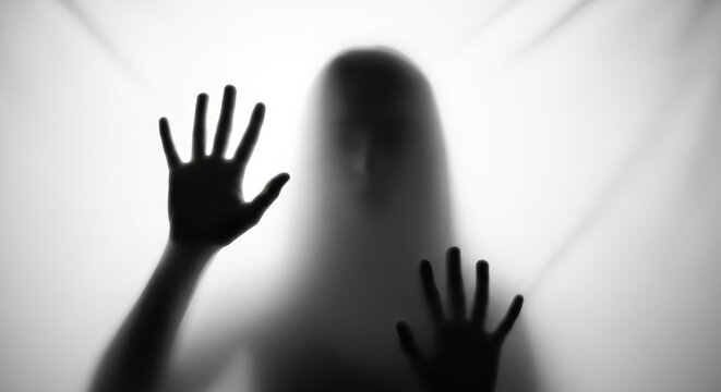 Eerie Ghostly Silhouette of a Woman with Hands Pressed Against a Translucent White Fabric Screen