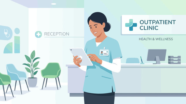Nurse using tablet in bright outpatient clinic reception area