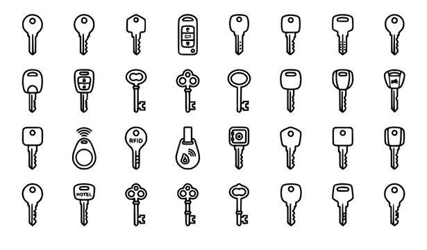 Modern Black Outline Key Icons Collection Editable Stroke House Car and Lock Security Vector Set