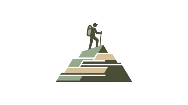 Hiker on mountain peak, adventure, achievement, outdoor activity, vector logo