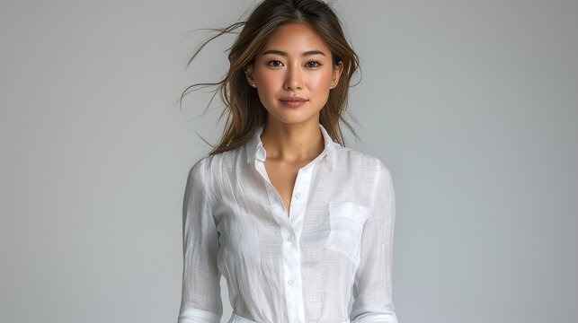 Professional Young Business Woman Standing and Smiling in Shirt and White Pants
