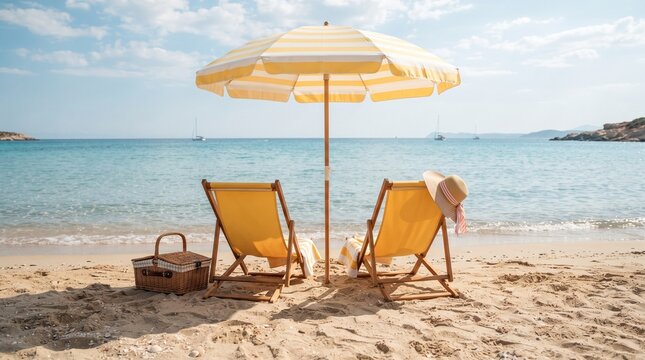 shallow-to-moderate depth of field keeping both chairs and the horizon crisply detailed, inviting tranquil summer vacation mood.