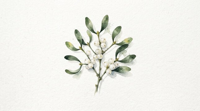 Watercolor mistletoe branch illustration with white berries, ideal for Christmas cards, holiday decorations, winter invitations, and seasonal pattern designs