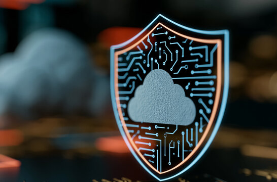 Glowing shield with circuit pattern protecting cloud icon representing cloud computing cybersecurity