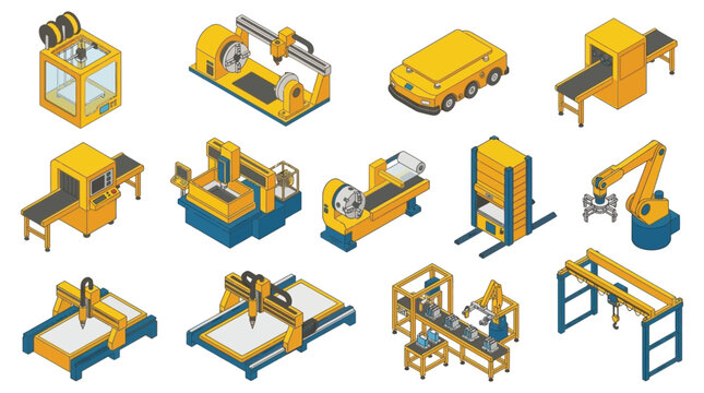 Isometric industrial machinery collection yellow and blue vector illustration