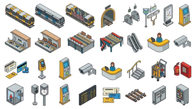Isometric Subway Station Elements Collection Detailed Vector Illustration