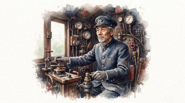 Vintage watercolor illustration of a train driver inside a steam locomotive cabin