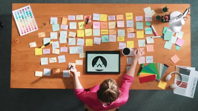 Top view of designer writing idea on colorful sticky notes while sitting at meeting table with tablet display logo design. Professional business woman looking design and making a decision. Symposium.