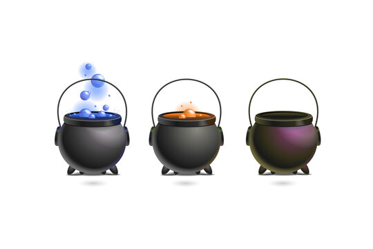 Three magic cauldrons bubbling colorful potions in a mystical setting transparent background