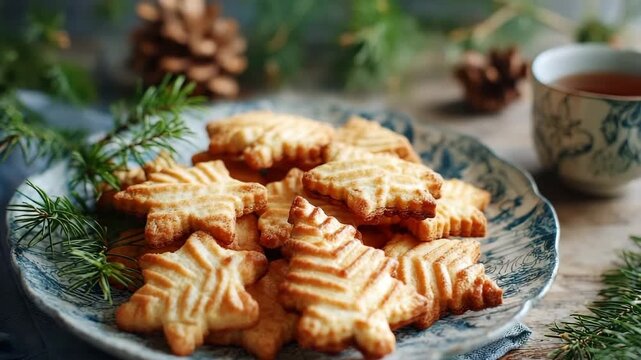 Christmas cookies on a decorative plate with tea and pine branches on table. buttery shortbread cookies shaped like stars and trees on a vintage plate. warm cozy holiday Christmas