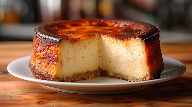 Creamy Basque Burnt Cheesecake on White Plate Freshly Baked Gourmet Dessert