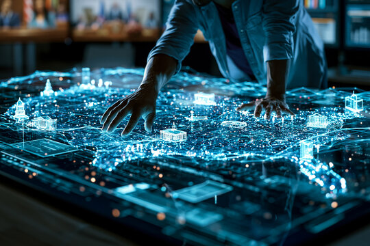 Businessman Touching Futuristic Digital Network Map on Table