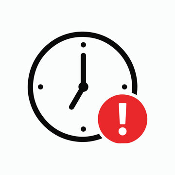 Clock icon with red exclamation mark alert symbol vector illustration.