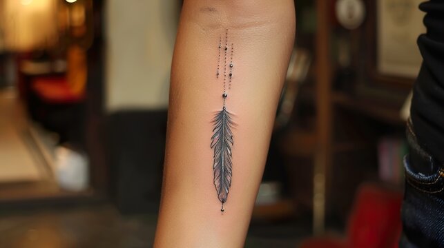 Minimal Black Feather Fine Line Tattoo on Inner Forearm Elegant Body Art Design