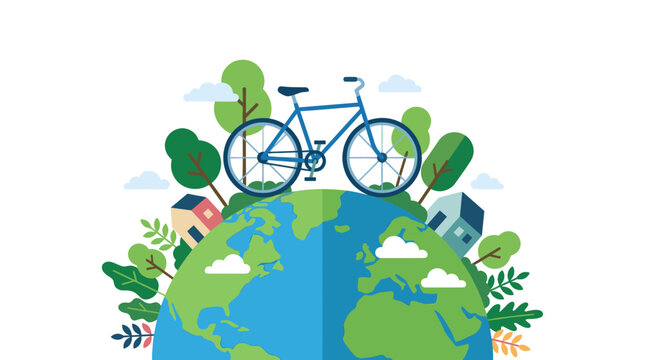 Bicycle on green earth globe with trees and houses.