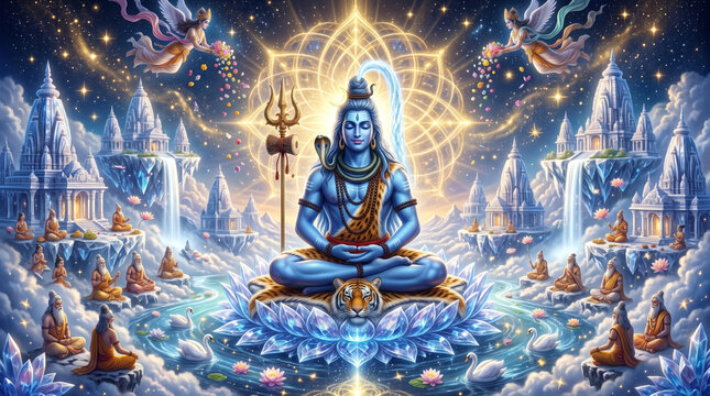 Lord Shiva meditating amid a radiant cosmic Himalayan landscape with sacred light, snowy peaks, and celestial spiritual atmosphere