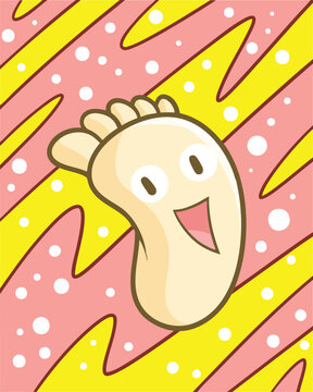 Funny little foot cartoon character laughing happily with pink and yellow background 