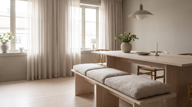 Bright Nordic dining space with wooden bench and green branches