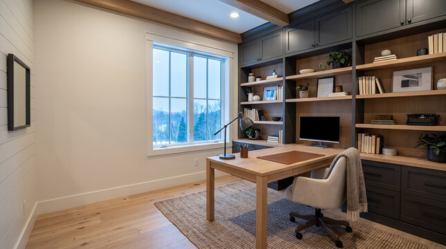 Cozy farmhouse study with built-in shelving and snowy window view
