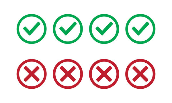 Green check mark and red cross icons vector set isolated on white.