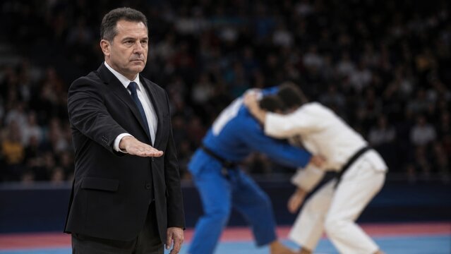 Judo Coach Gesturing During Match