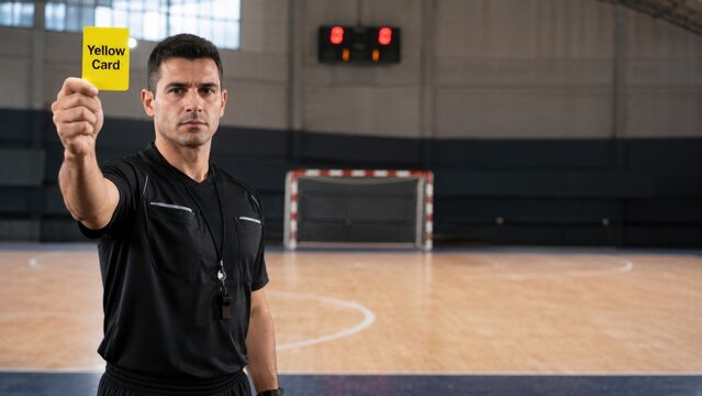 Referee Holding Yellow Card in Indoor Sports Arena
