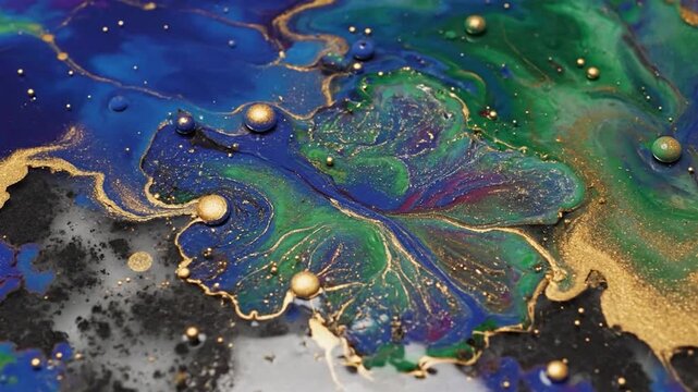 Dark paint pours into a swirling blue and gold resin mixture