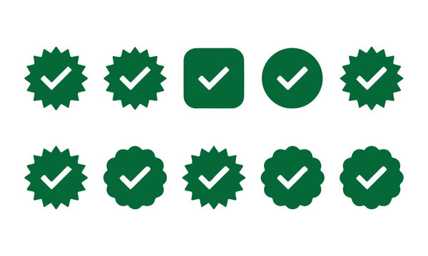 Green verified check mark badge icon set vector illustration isolated on white. 