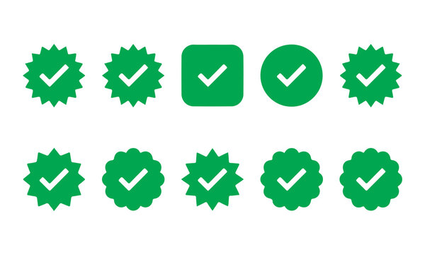 Green verified check mark badge icon set vector illustration isolated on white. 