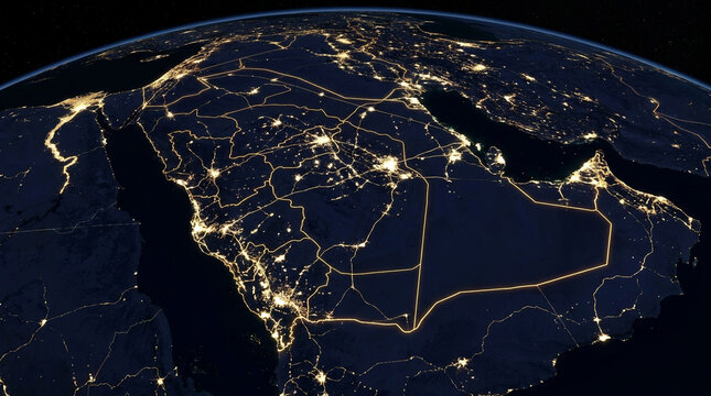 Arabian Peninsula at night from orbit, showing Saudi Arabia, illuminated cities, road networks and glowing borders across the Gulf region.