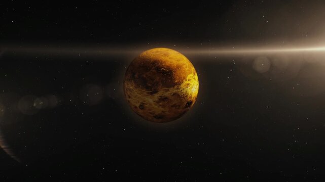 Venus planet in dark outer space 3D illustration animation with glowing yellow atmosphere in 4K Ultra HD footage.
