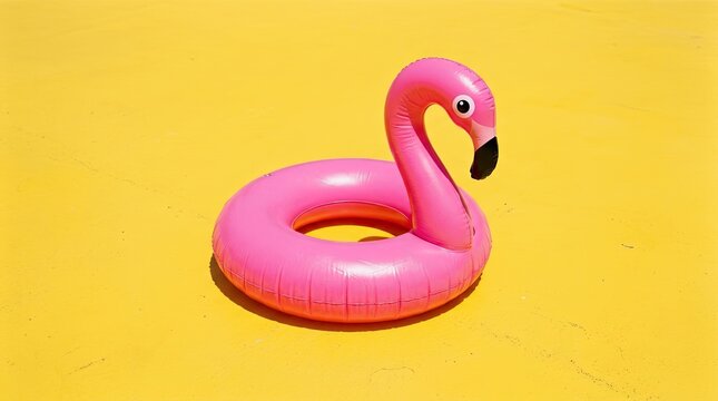 Pink flamingo pool float on bright yellow background.