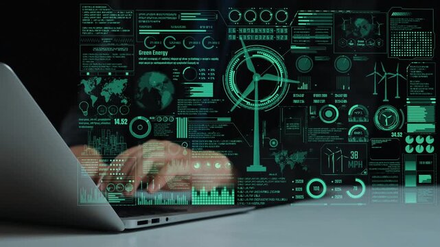 Close-up of hands working on a laptop with green energy data and infographics around, symbolizing advances in renewable energy and environmental technology trends. Cipher