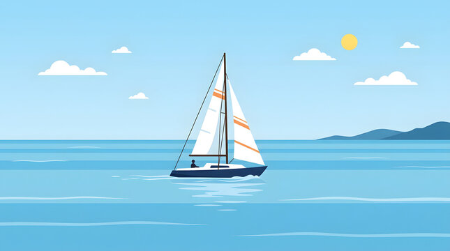 Minimalist flat vector illustration of a sailboat sailing on a calm blue sea under a sunny sky