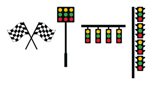 Racing icon set with checkered flag and starting light signal collection design