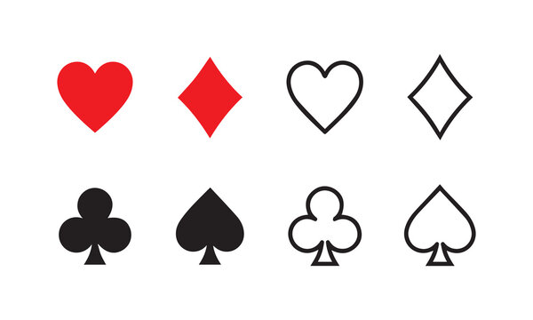 Playing card suits icon set line and silhouette vector illustration isolated on white. 