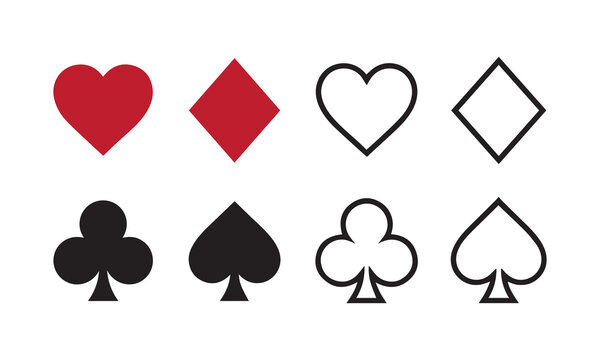 Playing card suits icon set line and silhouette vector illustration isolated on white. 