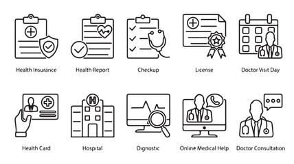 Fototapeta premium Medical line icons set, healthcare and hospital services vector collection, 10 black outline icons for health insurance and doctor consultation