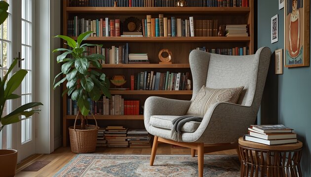 A cozy reading nook with a comfortable chair and a stack of books illustration.