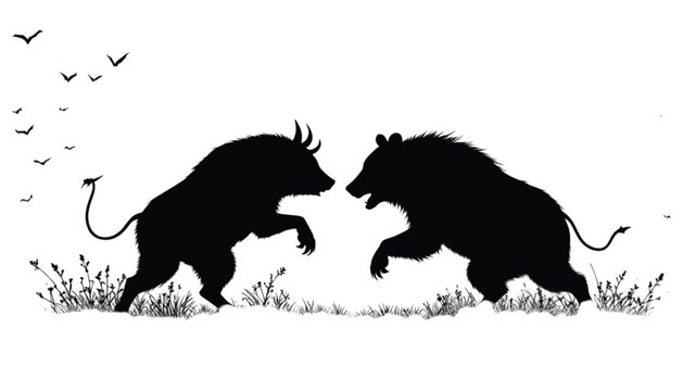 Bull and bear fighting silhouettes illustrate the opposing forces of market volatility and financial instability in a dynamic composition.