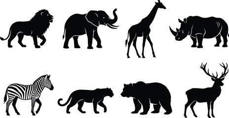 Set of wild animal black silhouettes including safari and forest creatures isolated on white background © MdMohsin