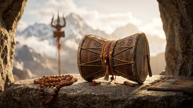Traditional damaru drum and sacred trident with rudraksha beads overlooking the Himalayan mountains