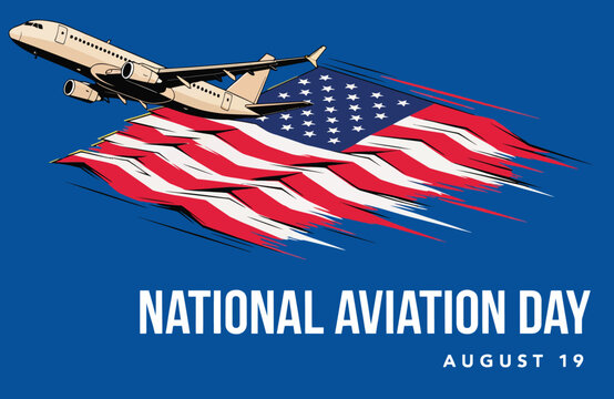 National Aviation Day poster with commercial passenger jet and American flag