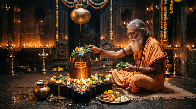 Hindu priest performing sacred worship before a decorated Shiva Lingam inside an ancient temple
