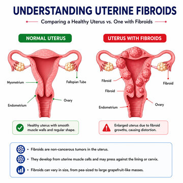 Comparison of healthy uterus and uterus with fibroids medical illustration