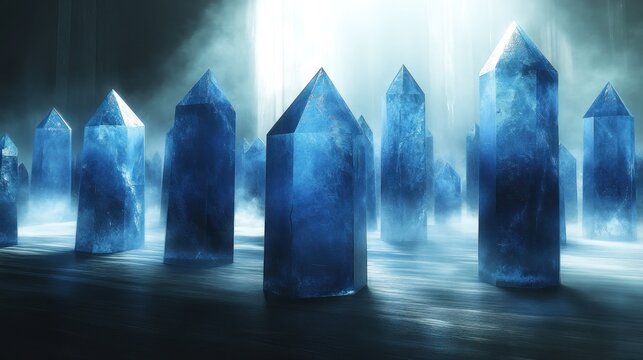 Mystical blue crystal pillars in a foggy space
