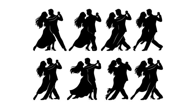 Couples dancing ballroom style in elegant black silhouettes isolated on transparent background, Vector